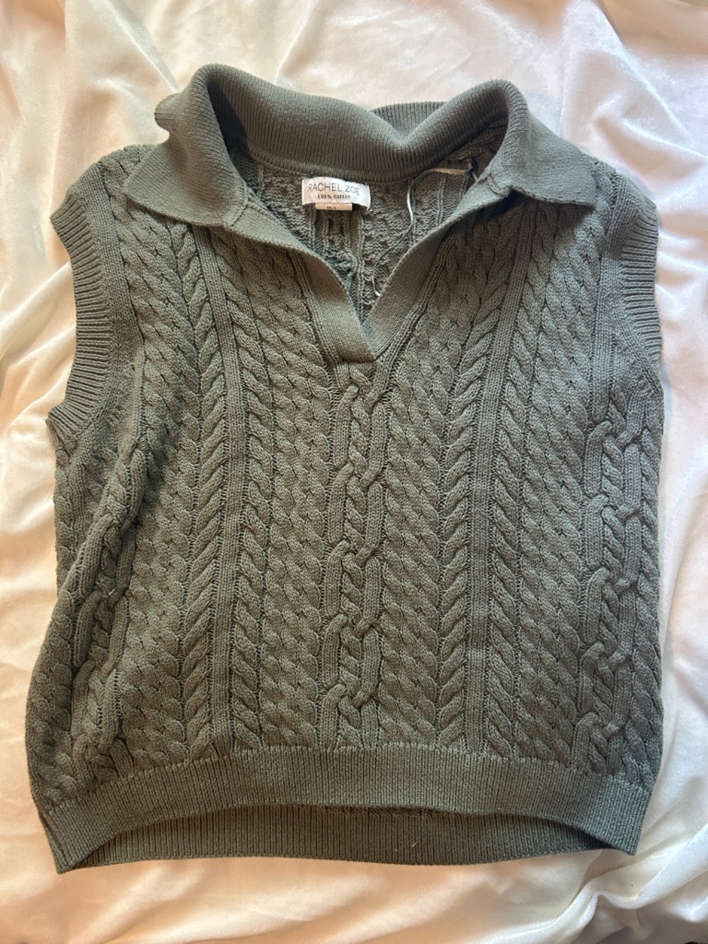 Rachel Zoe Olive Cable-Knit Collared V-Neck Sweater Vest